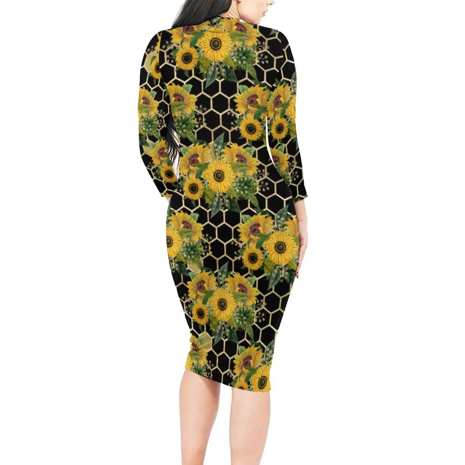 Sunflower Bouquet Dress Women Honeycomb Print Streetwear Bodycon Dress Autumn Long Sleeve Elegant Dresses Big Size Vestidos