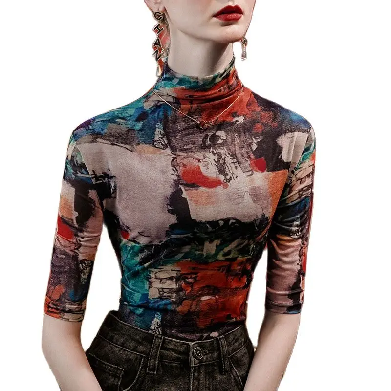 Winsleter Streetwear Tshirt Half Sleeve Elastic Tshirts Women Sexy Turtleneck Printed Slim Mesh Tops Autumn Winter T38472JM — zdjęcie 6
