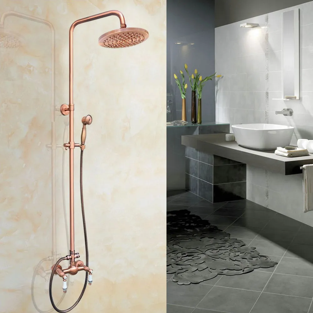 Antique Red Copper Bathroom Wall Mounted Rain Shower Faucet Set Mixer Tap arg553