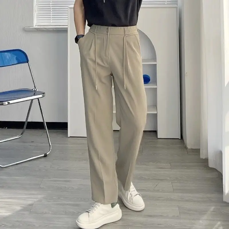 Spring Autumn Solid Color Fashion Elastic Waist Straight Pants Man High Street Zipper Button Pockets Harajuku Thin Suit Trousers