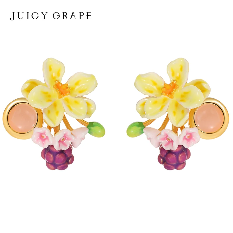 

JUICY GRAPE Enamel Flower Grape Earring for Women 925 Silver Pin Hand Enameled 18K Gold-Plated Birthday Gift Party Jewelry Gift