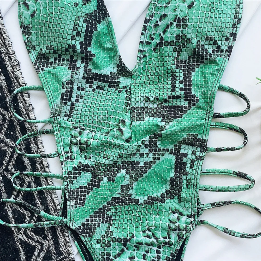 Sexy Snake Print Backless Swimwear One Piece Swimsuits Woman 2025 Hollow Cut Out Monokini String Bathing Swimming Suit Bather image 2