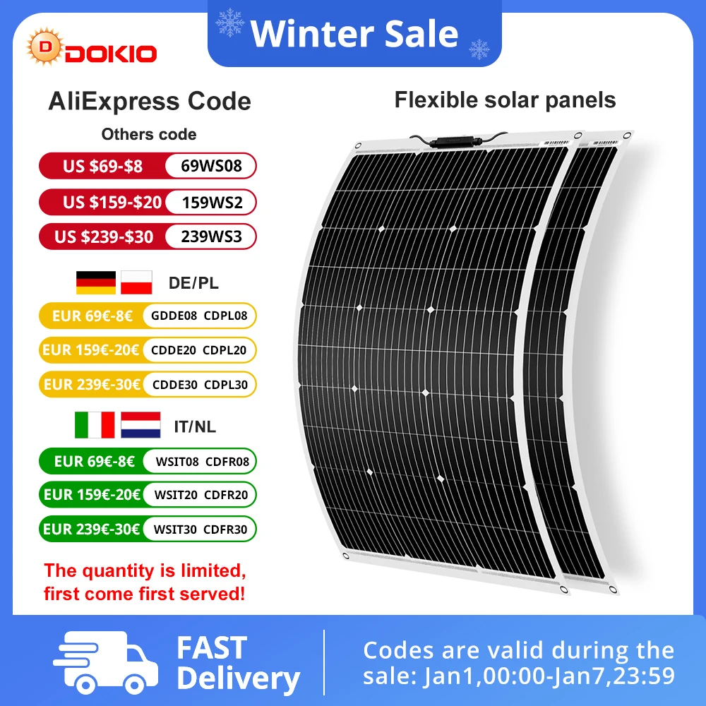 Dokio 18V Monocrystalline Flexible Solar Panel 2Pcs For Car/Boat/ Home Solar Charge 12V Waterproof Solar Panel China