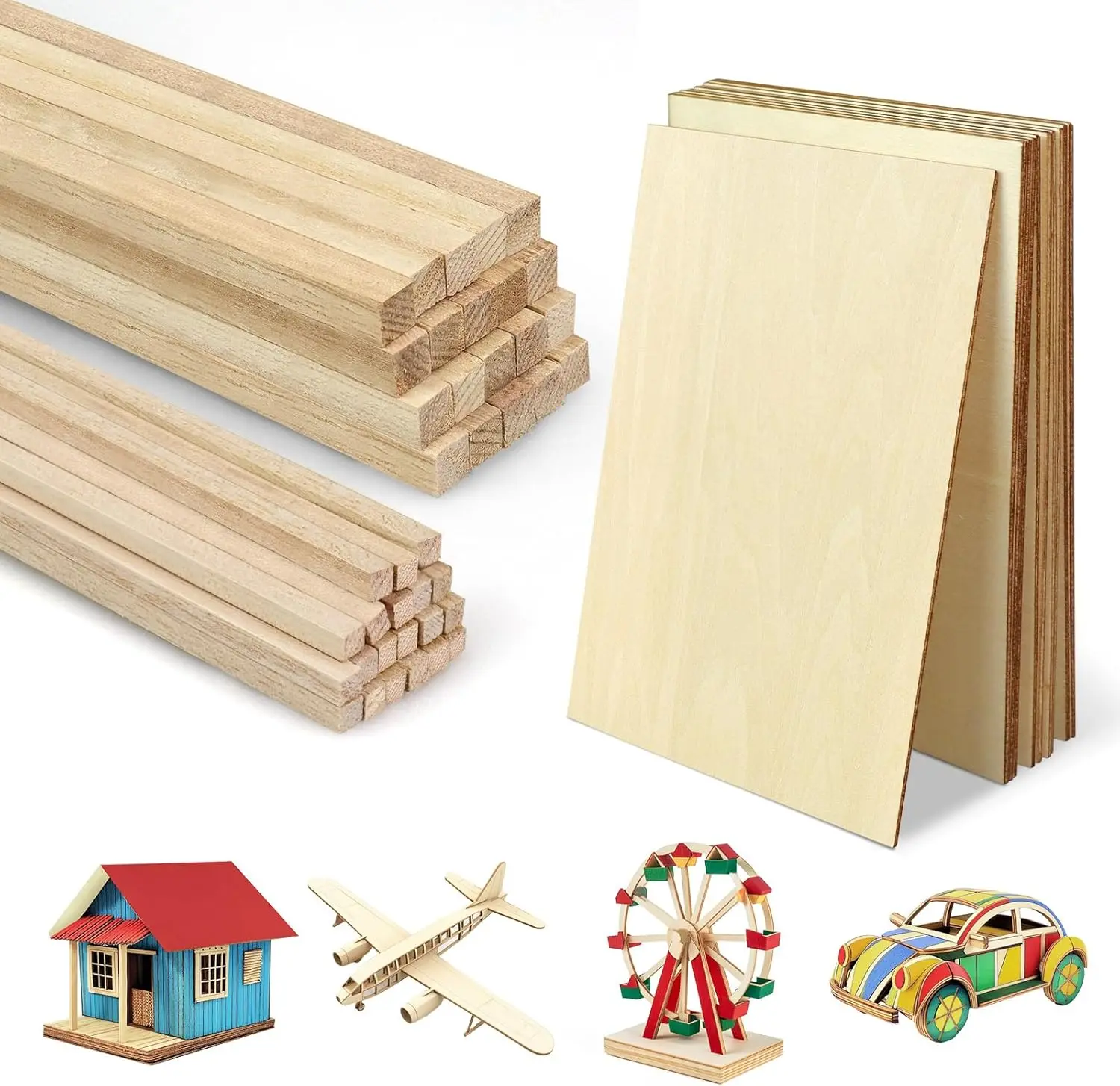 

Balsa Wood Sheets Sticks, Wood Dowel Rods Square Basswood Sheets, 50 Pcs Wooden Craft Making Supplies for Crafts DIY Projects Ma