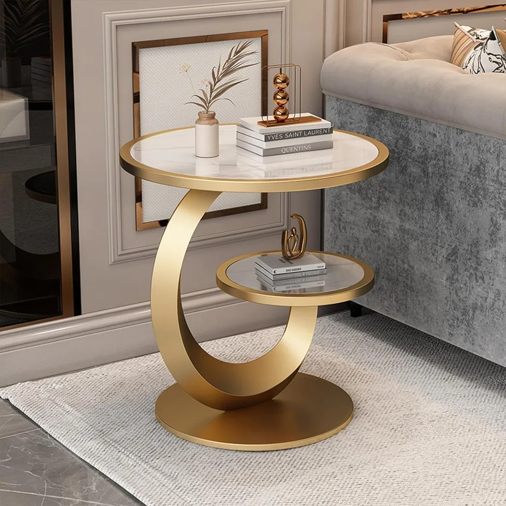 Round Marble End Table,2 Tiers Side Table with Storage Shelf,c Shaped Sofa Side Table,Small Coffee Table,Bedside Nightstand