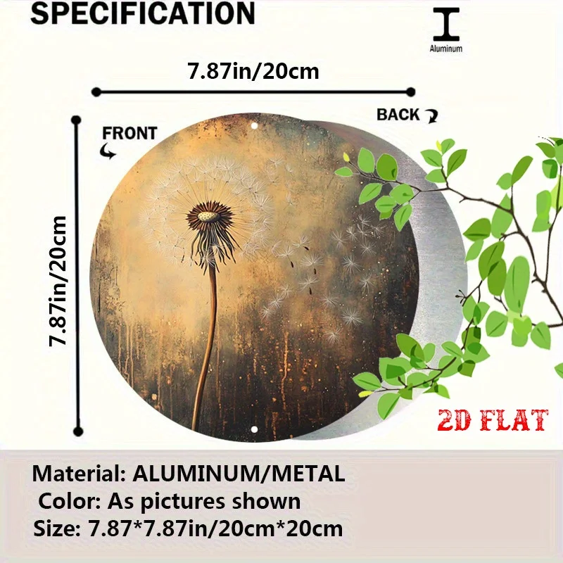 1pc Dandelion Seed Dispersion Round Metal Wall Art - 2D Flat Aluminum Sign with Rustic Vintage Design, Nature-Inspired Decor for