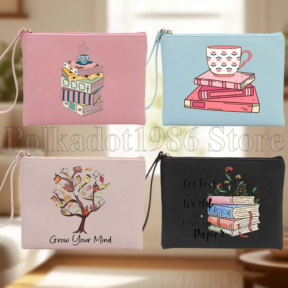 Aesthetic Floral Books Lover Bookish Gifts PU Leather Travel Cosmetic Bag Portable Women Makeup Waterproof Toiletry Storage Bag