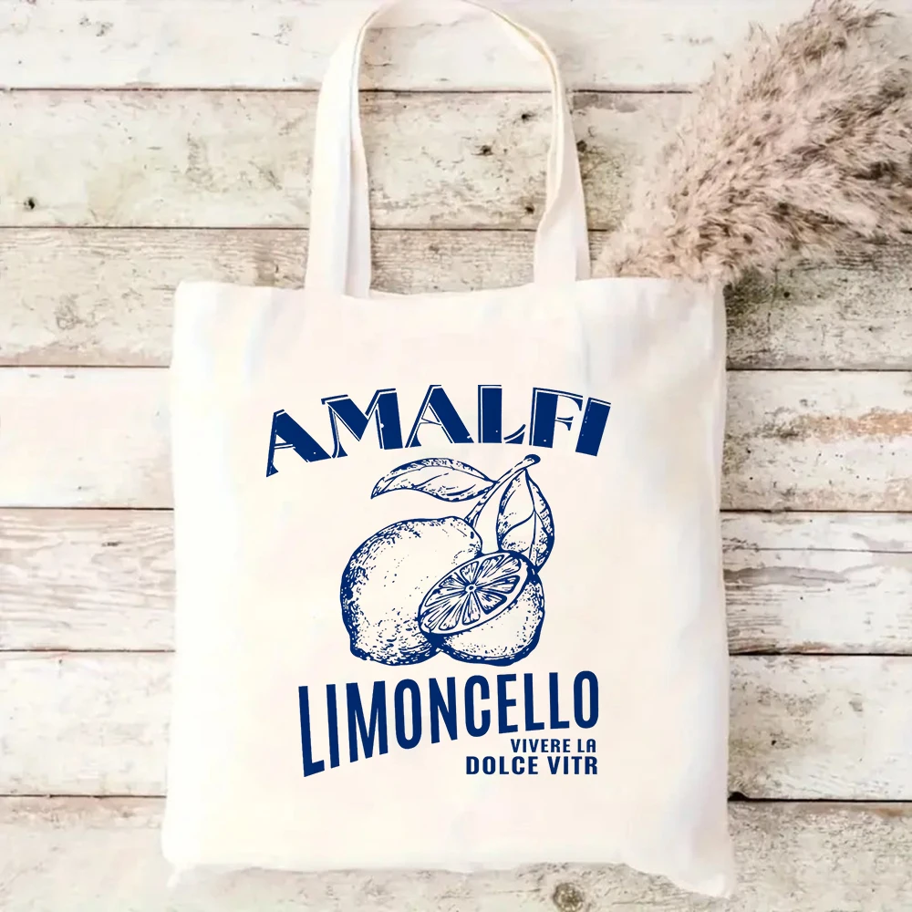 

Amalfi Limoncello Canvas Tote Bag Vintage Italy Vacation Shoulder Handbag Retro Lemon Fruit Large Capacity Casual Eco Shopper
