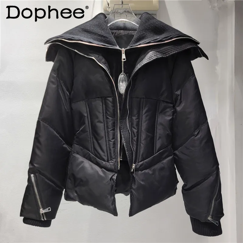 

2024 Winter New High-end Short Black Down Jacket Women Knitted Splicing Large Lapel Zipper High Waist Puffer Jacket Female