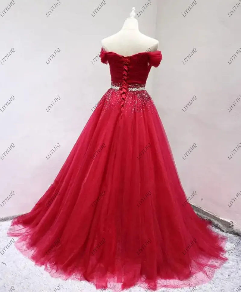 LIYYLHQ Elegant Lace-Up Red Prom Dress Beaded Off Shoulder A-Line Tulle Evening Dress Popular Watteau Train Women Robes de Soiré