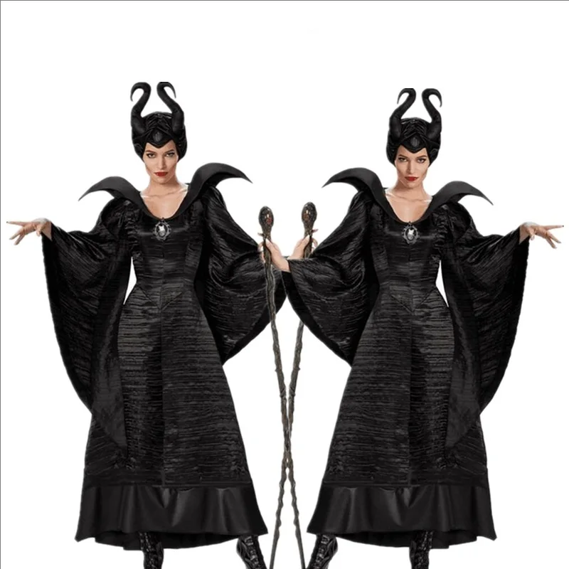 Schwarzes Maleficent Cosplay Kostüm Kleid für Erwachsene Hexenkleidung mit Maleficent Hörnern Hut Outfit Frauen Böse Kleid Dämon Königin Hal