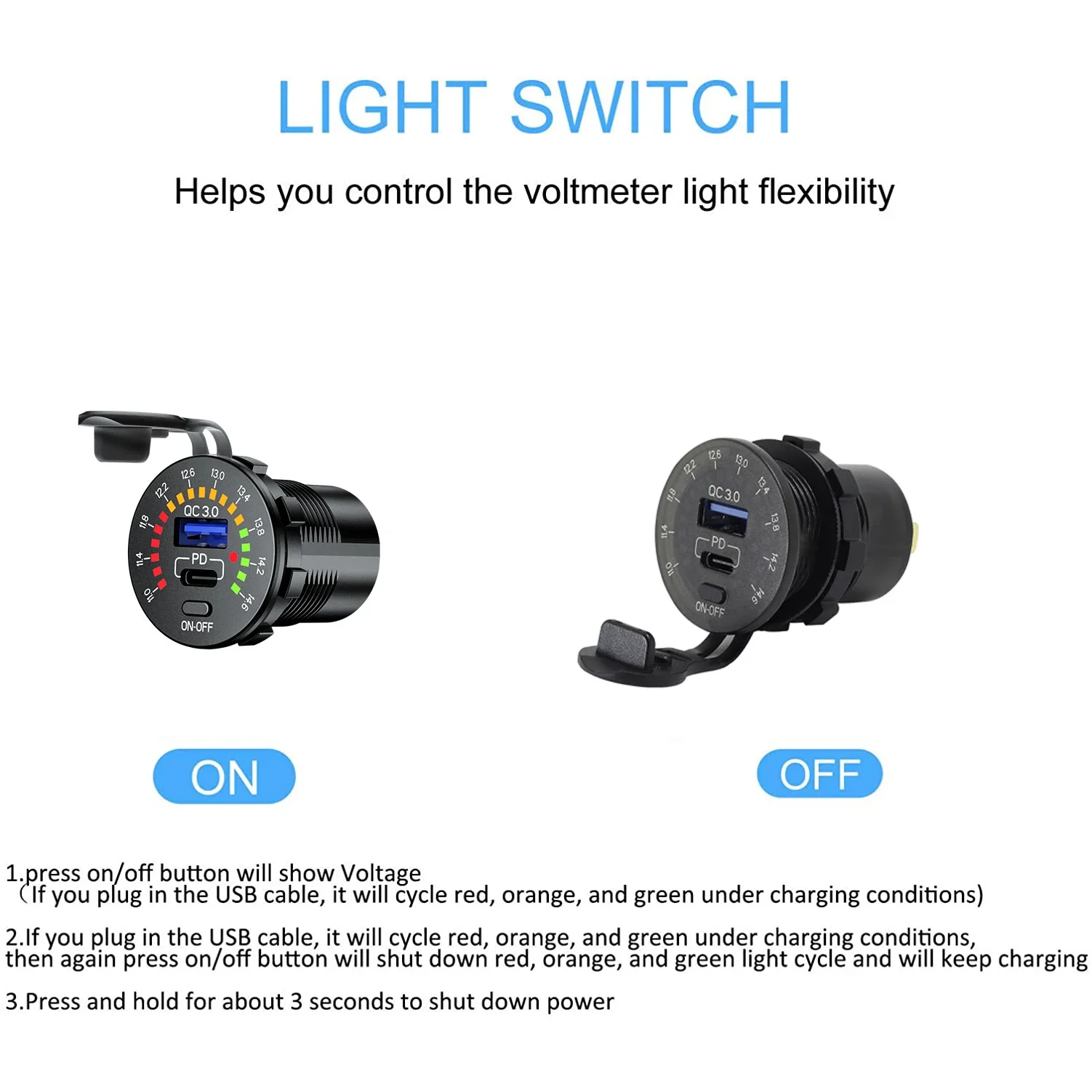 Qc3.0 36w Dual-USB-Ladegerät 12V wasserdichtes USB-PD-Steckdose Schnell ladegerät mit Ein-Aus-Netzschalter für Auto Boot Motorrad LKW Geländewagen