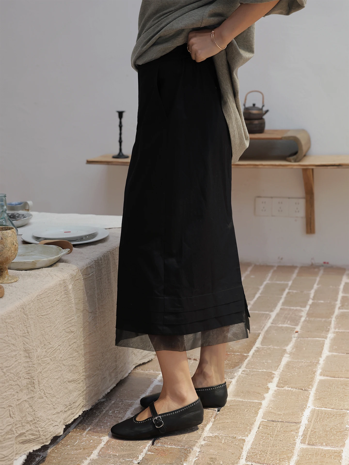 

Юбка миди Ele Pure Cotton Bla из серии TT's Orchid Shadow, весенняя длинная юбка с подолом Me Hemline