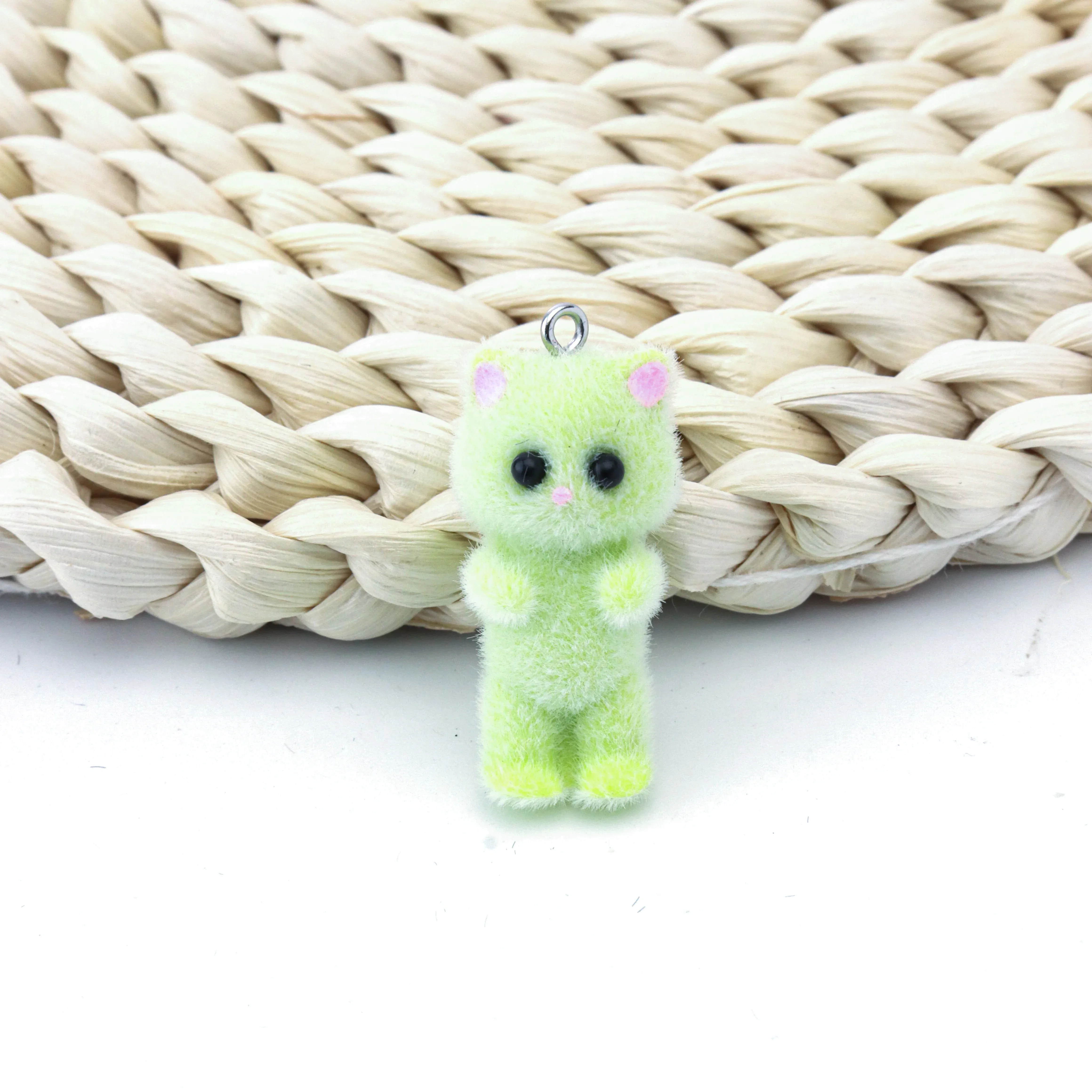 11PCS Cat Pendant Kawaii 3D Fluffy Flocking Animal Cat Charms Miniature Dolls Keychain Necklace Pendant DIY Crafts Jewelry Make