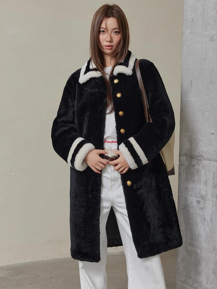 

High-end Luxury Merino Sheep Fur Long Shearling Jackets Women Simple Contrast Lapel Design Winter Genuine Leather Real Fur Coat