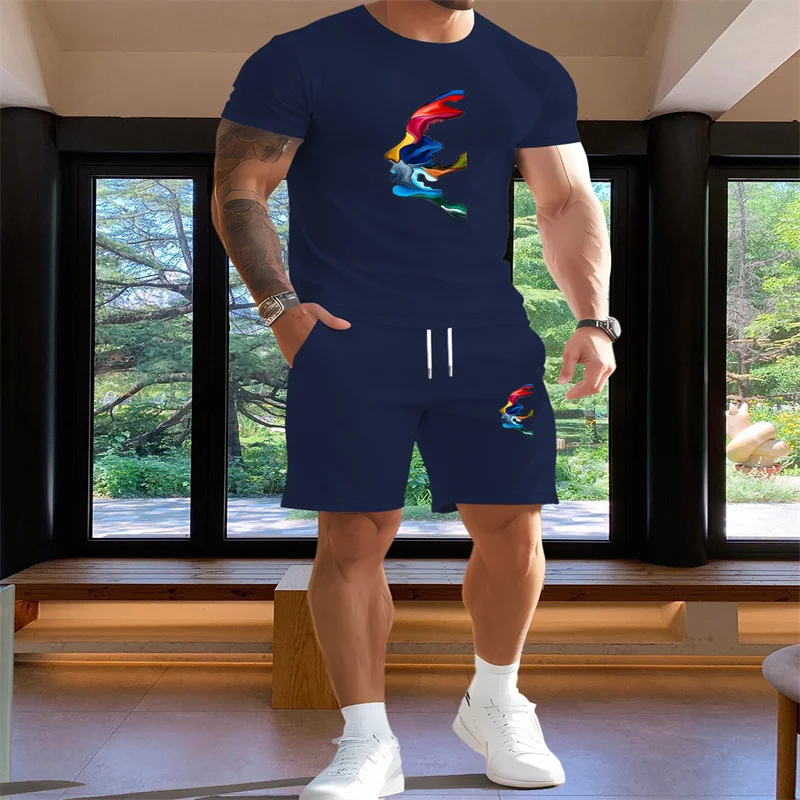 

Men's summer sports suit round neck short sleeved T-shirt and cropped shorts fashion casual two-piece set for men's clothing