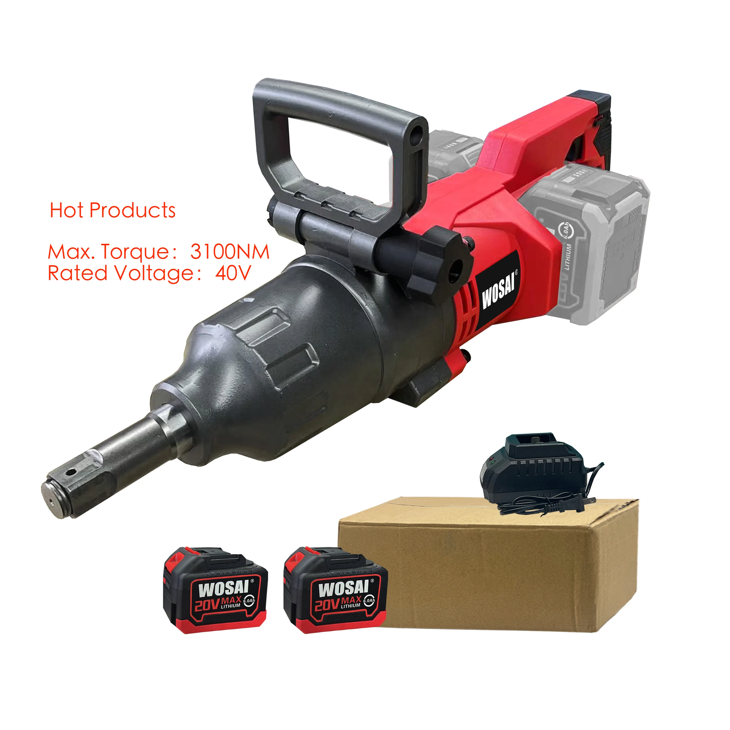 

WOSAI High Strength Black Red High Torque 3100nm Heavy Du-ty Cordless Brushless Motor 1 Inch Impact Wrench With Battery