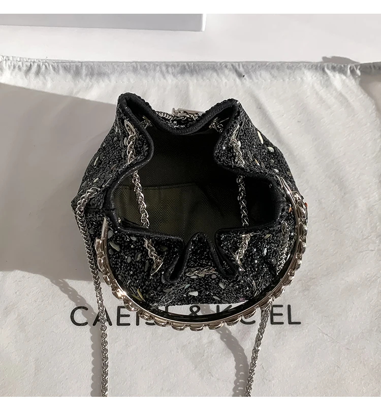 Fashion Black Stones Bucket Bag Luxury Evening Bag Wedding Party Clutch Purse Metal Handle Women Handbag Shoulder Crossbody Bag