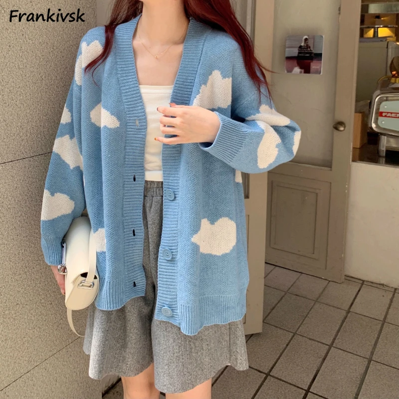 

Cartoon Cardigan Women Autumn Contrast Color Vitality Simple Cute Sweet Girlish Korean Style Loose Harajuku Slouchy Soft Ins