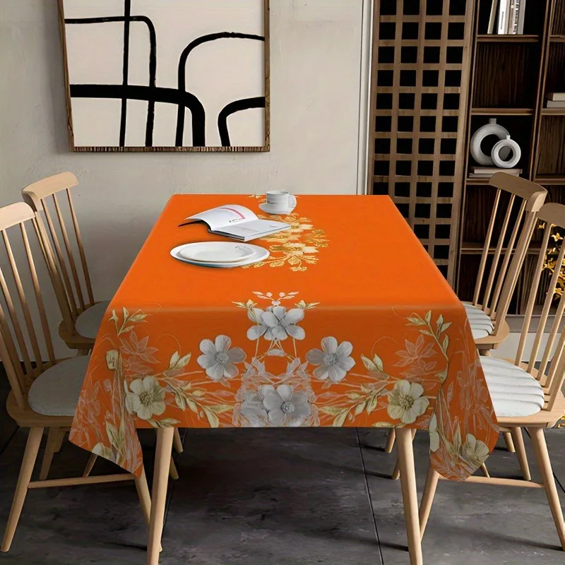 1pc New Printed Long Tablecloth, Bright Orange Honeysuckle Floral Pattern Creating Exquisite Luxurious Ambiance, Rectangular Restaurant Table Decoration, Suitable for Kitchen Dining, Home Decor, Weddings, Parties