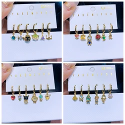 MIGGA 6pcs Multicolor Cubic Zircon Cartoon Dangle Earrings Set Gold Color Plated Women Party Jewelry