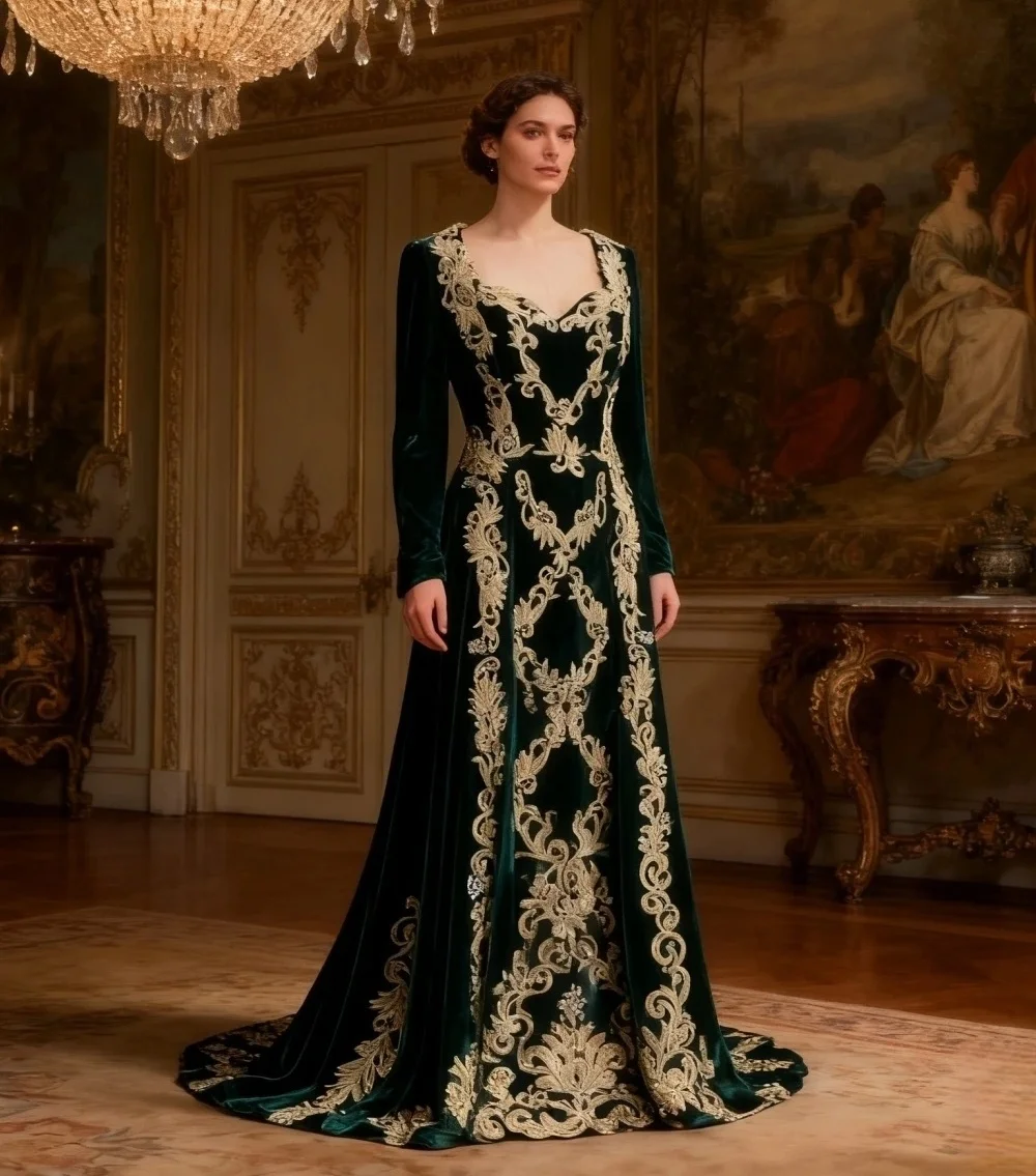 Zielony marokański kaftan, kaftan, muzułmańskie suknie wieczorowe, długie rękawy, aksamitne aplikacje, dubajska arabska abaja, islamska suknia, szyta na miarę