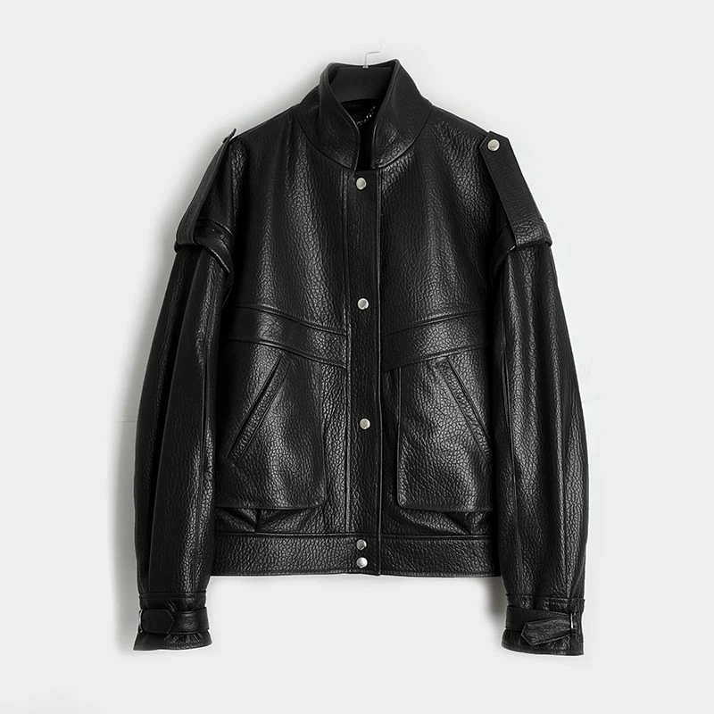 Leather Coat Spring Fall Women Small Stand Collar Pocket Loose Imported New Zealand Foam Skin Sheepskin Chaqueta Ecocuero Burdeo