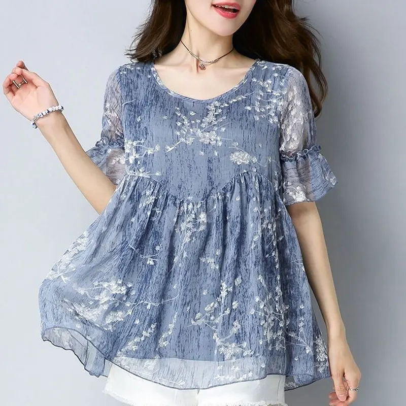 Camisa holgada con cuello redondo para mujer, blusa informal de manga corta con estampado Floral coreano, retales de hongos en los árboles comestibles, 2023