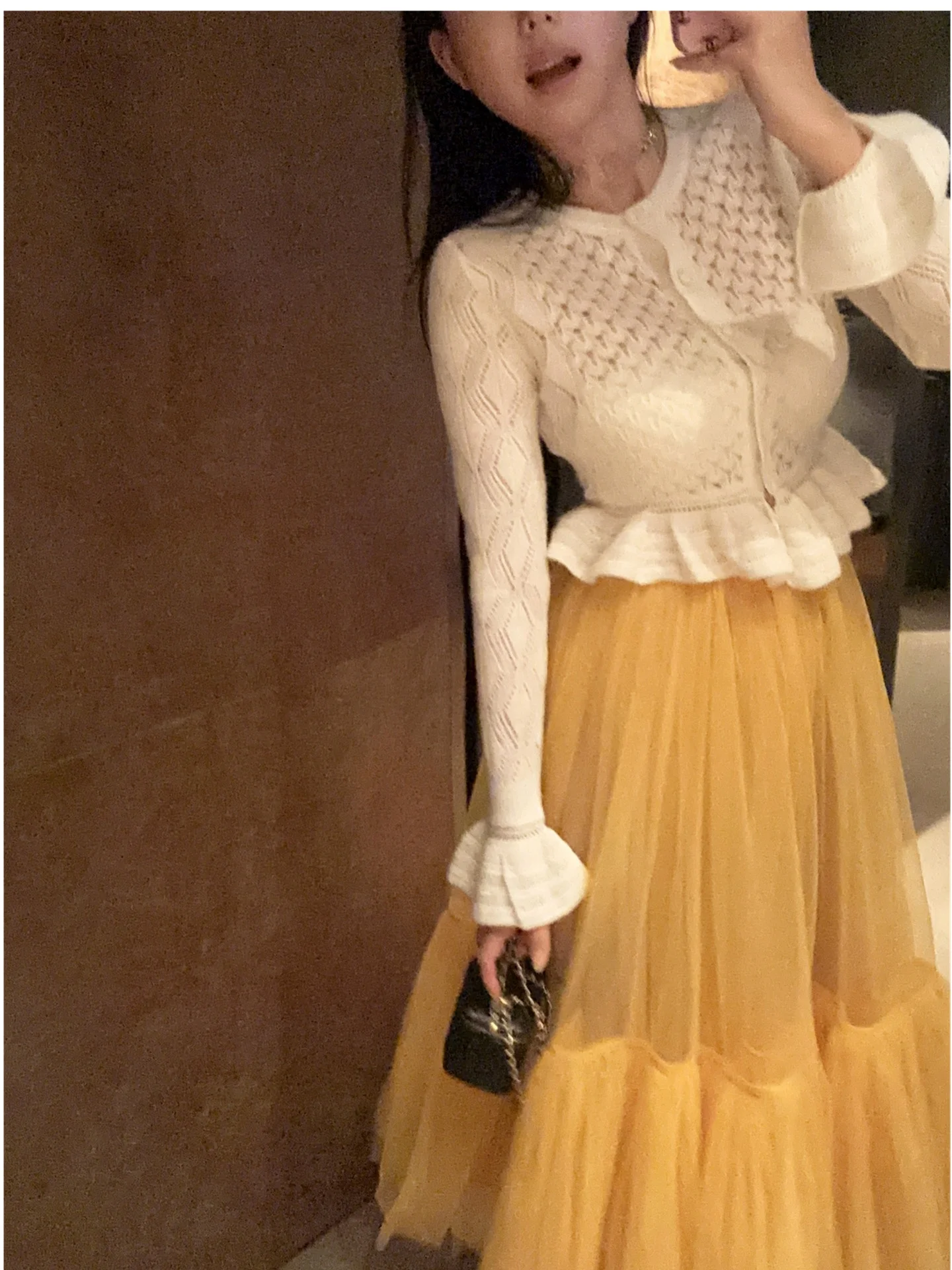 

MadmanM ort Hollow out Long Sve Knitted Cardigan Women's Ruffle Sve Hook Flower Sweater Princ Sle Slim Fit Soft