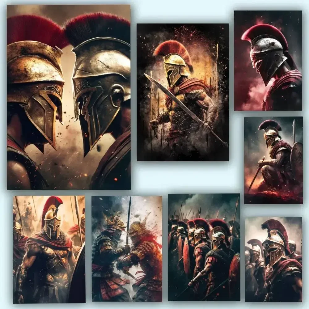 Retro 300 Spartans Warrior Last Spartan Helmet Fight Of The Samurai Poster Waterproof Wall Art Sticker For Vintage Room Decor
