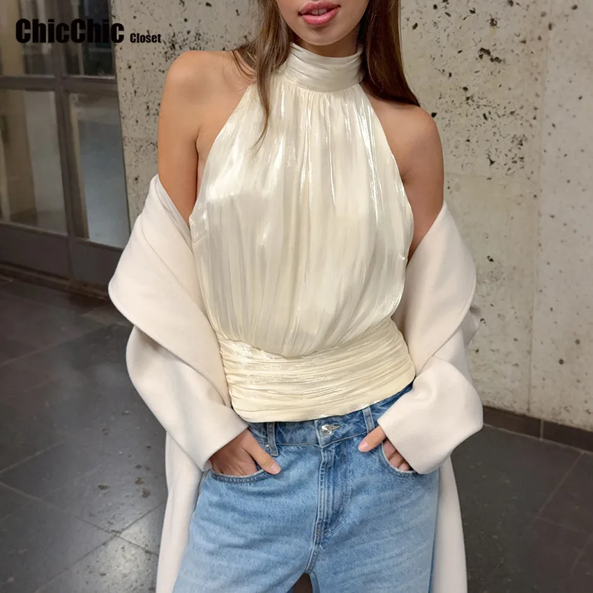 

Halter Tops for Women Yellow Satin Backless Top Female Pink Summer Beach Top Woman off Shoulder Camisole Top 2026 New