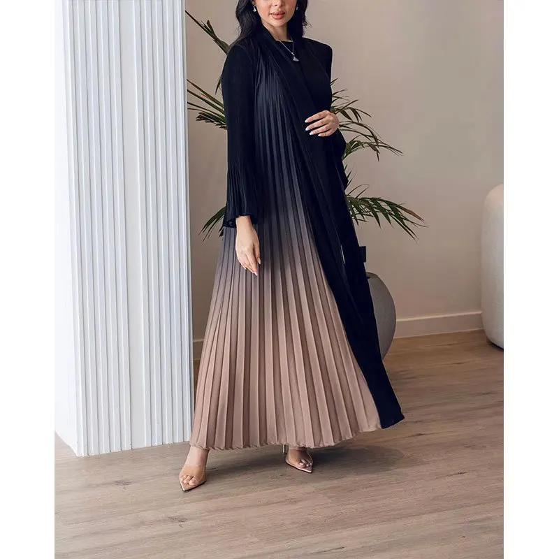 Miyake Style Gradient Color Long Outer Shawl 2024 Spring and Autumn New Long-sleeved Hand-pleated Large Robe for Slimming Women