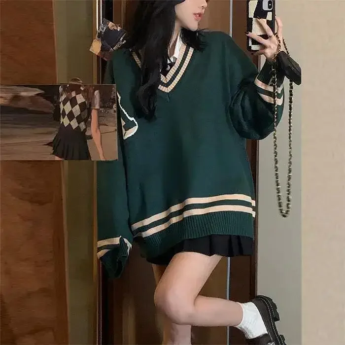 Japanese College Style V-neck Contrast Color Sweater Women Spring Autumn Loose Embroidery Pullovers