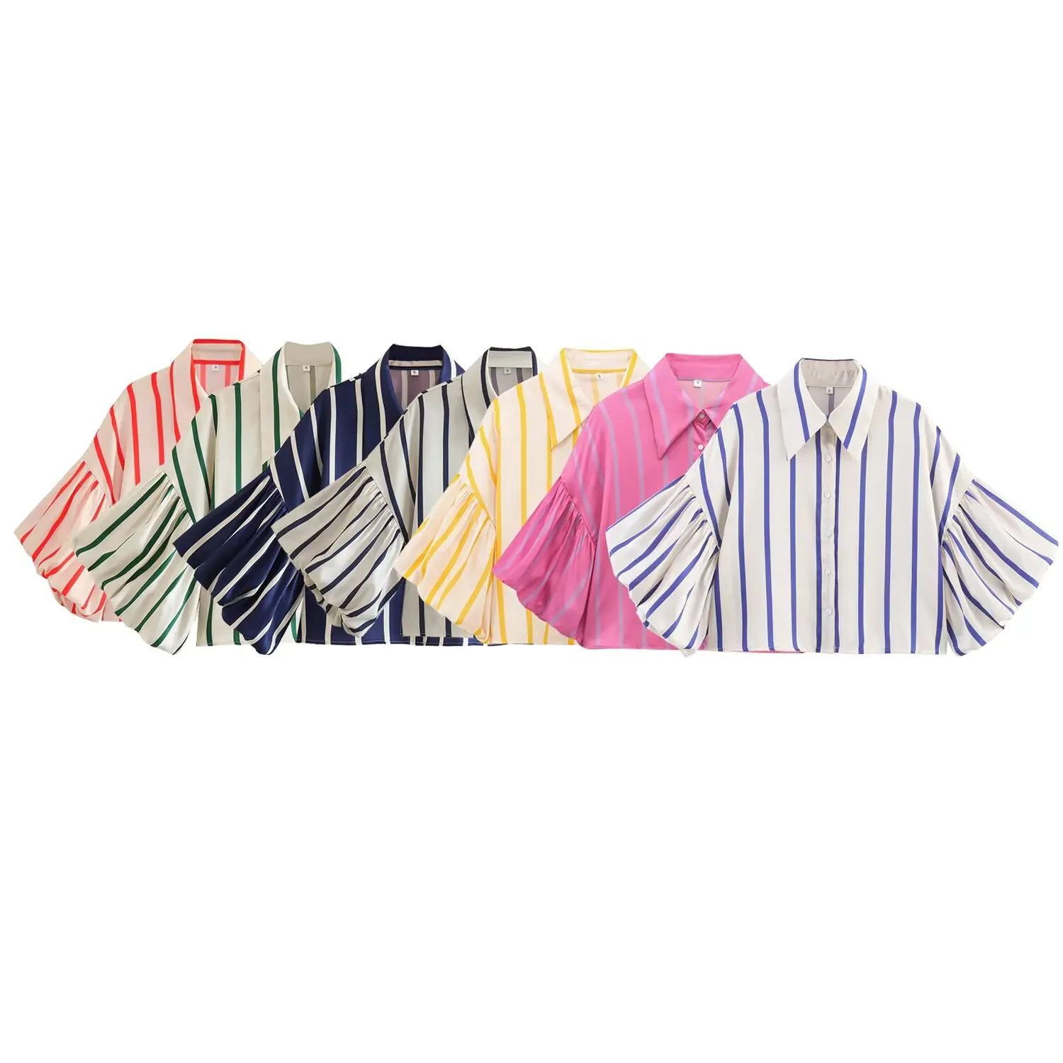 

Women's New Fashion casual single breasted printed striped shirt retro bubble short sleeved women's shirt chic top