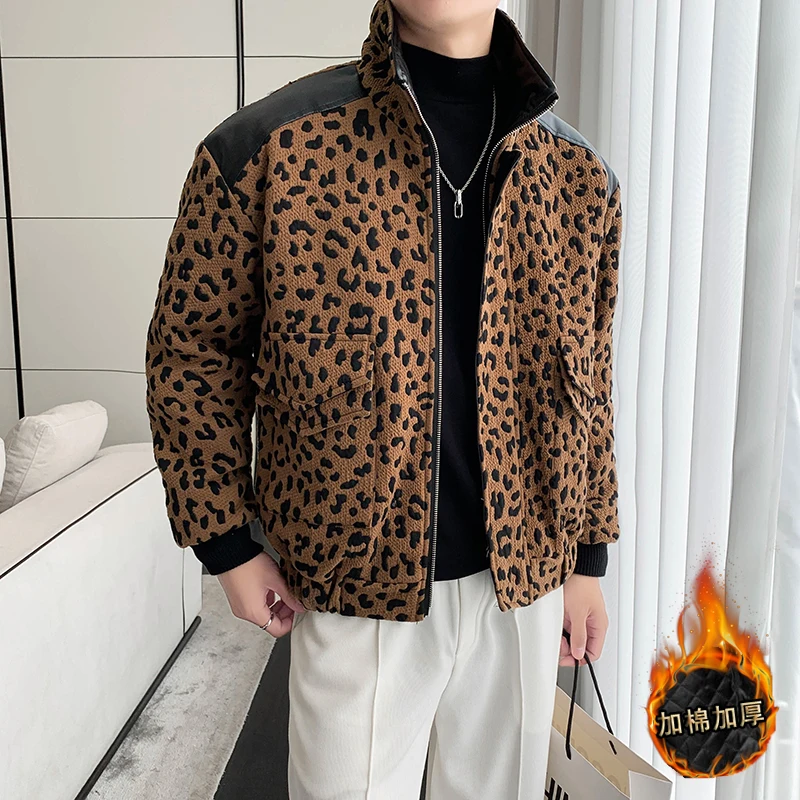 

2023 Winter Leopard PU Patchwork Leather Jacket Men Lapel Loose Outwear Thicken Keep Warm Parkas Casual Business Men Clothing