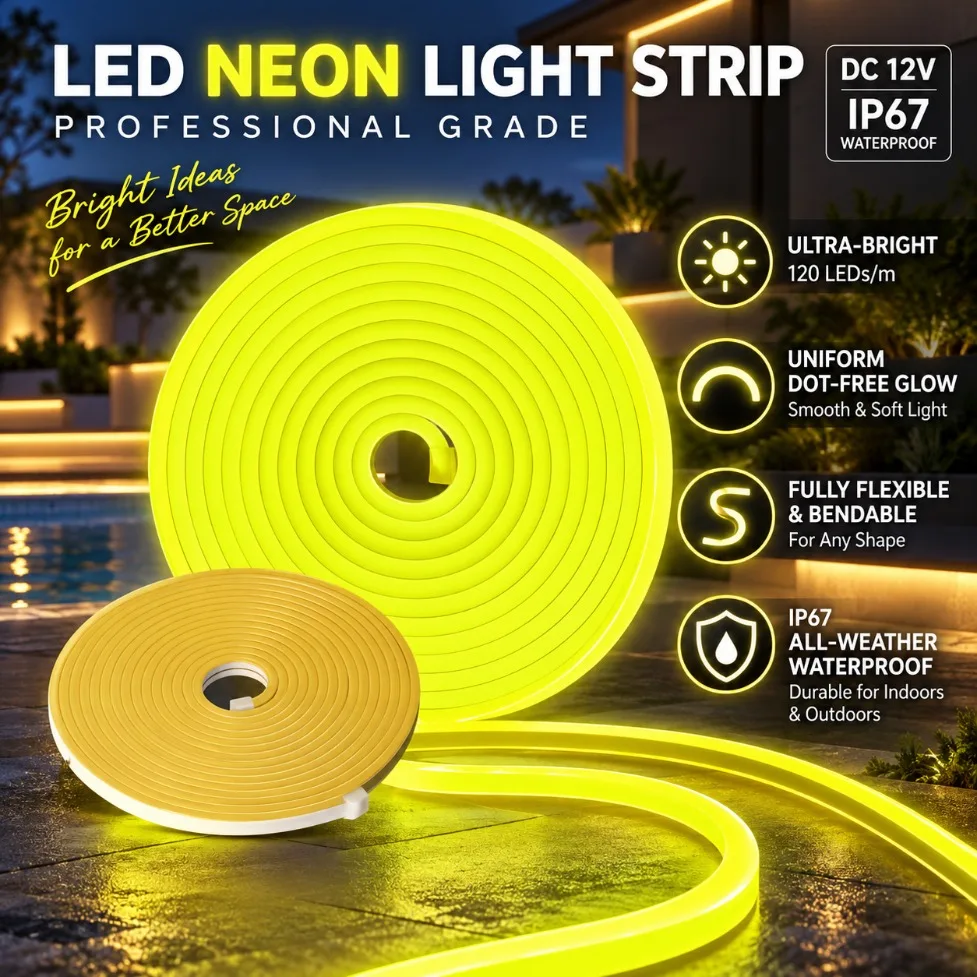 IP67 Waterproof DC12V LED Neon Strip SMD2835 120LEDs/M Flexible Silicone Tape with 2Pin Wire/DC Plug for DIY Home Decor Lighting