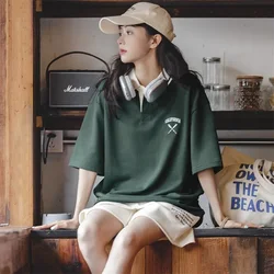 Maden Women's Oversized Polo Shirt Green White Color Block Drop Shoulder Short Sleeve Cotton Summer Casual Top