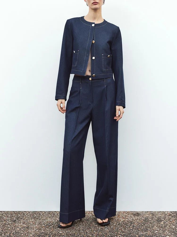 

Spring New Arrival Women's Long Sve Jaet Simple Long Pants Faion Set round Ne Button up Sle ZA2025