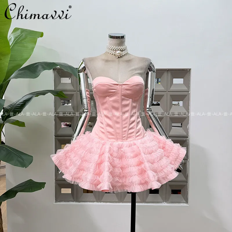 

French Style Elegant Sweet Princess Birthday Party Dress Fashionable Temperament Strapless High Waist Puff Mini Dress for Women