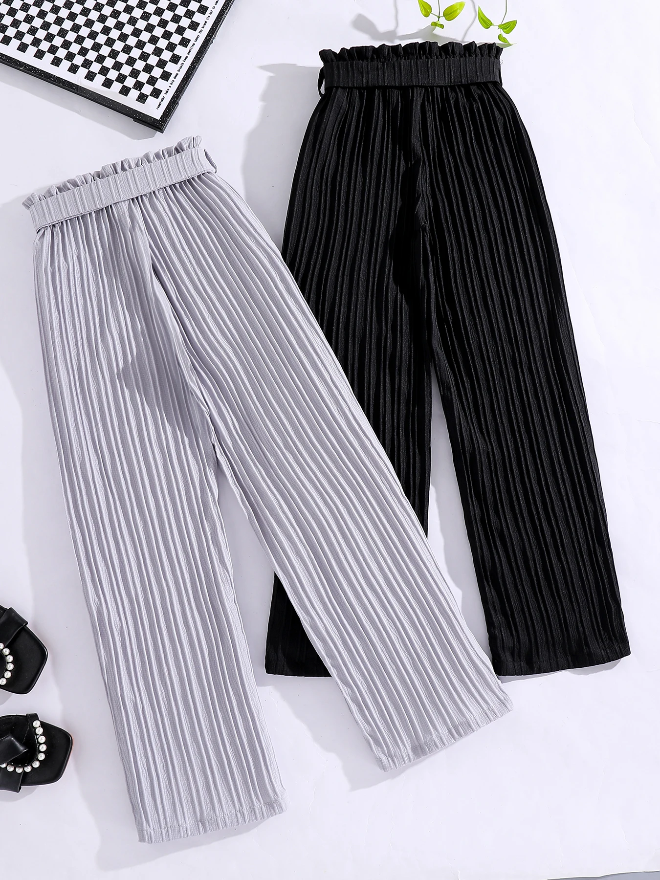 Spring and autumn girl fashion pit strip loose straight leg loose wide leg casual pants 2 pieces