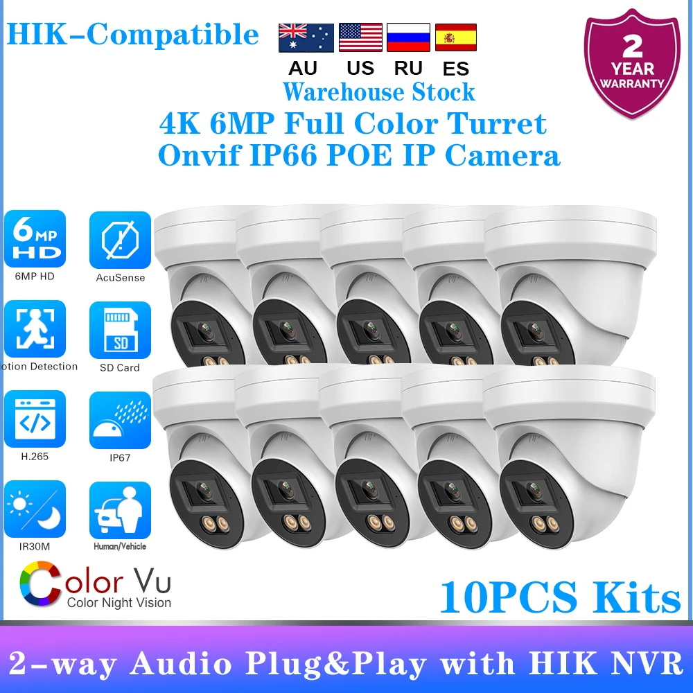 

8PCS Hikvision Compatible 6MP POE ColorVu IP Camera 2-way Audio SD Card slot Surveillance Network Camera Plug&Play HIK NVR ONVIF