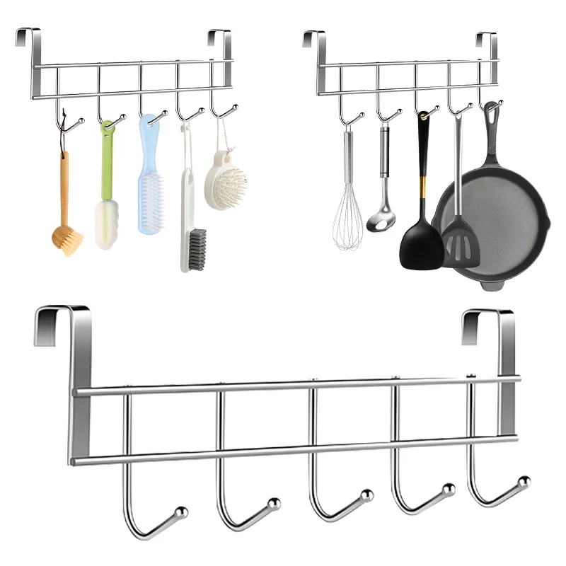 

Stainless Steel 5-Hook Door Hanger Kitchen Cabinet Shelf Top Hooks Kitchen Bathroom Door Back Towel Hanging Bedroom Hooks