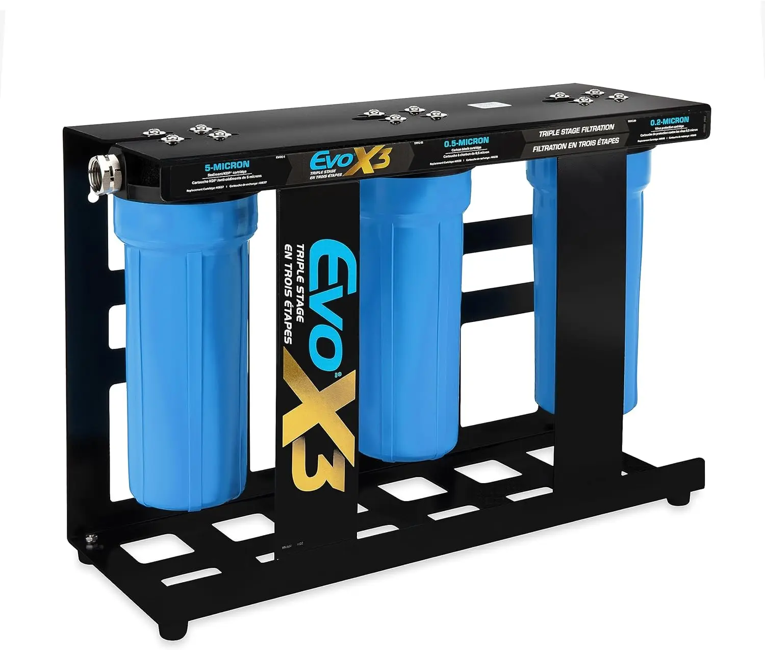 

Camco Evo X3 Triple Stage Premium RV Water Kit | Features 3 Replaceable Cartridges to Remove Heavy Sediments