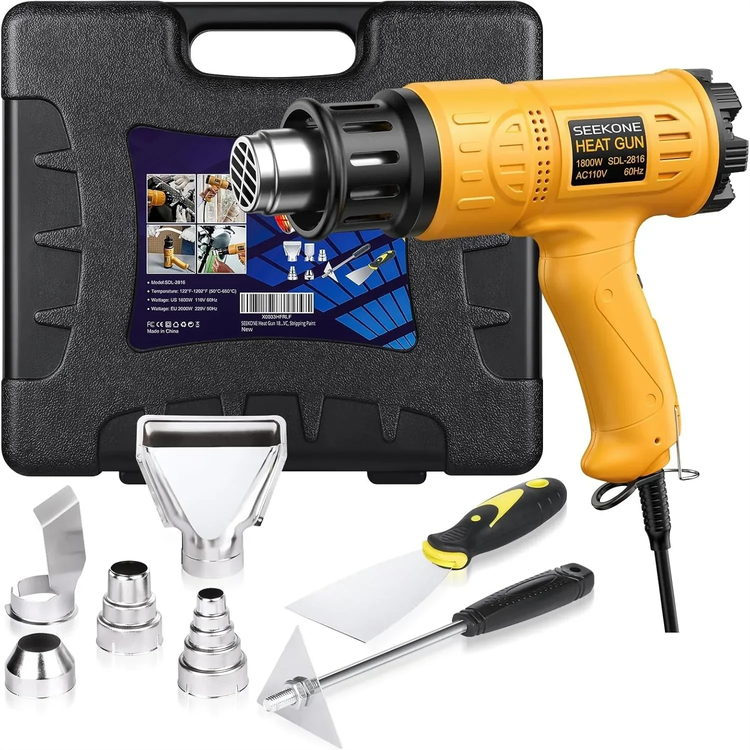 

1800W Heavy Duty Heat Gun Kit With Carry Case Variable Temperature 122-1112℉ 4 Nozzles for Crafts Shrinking PVC Paint Stripping