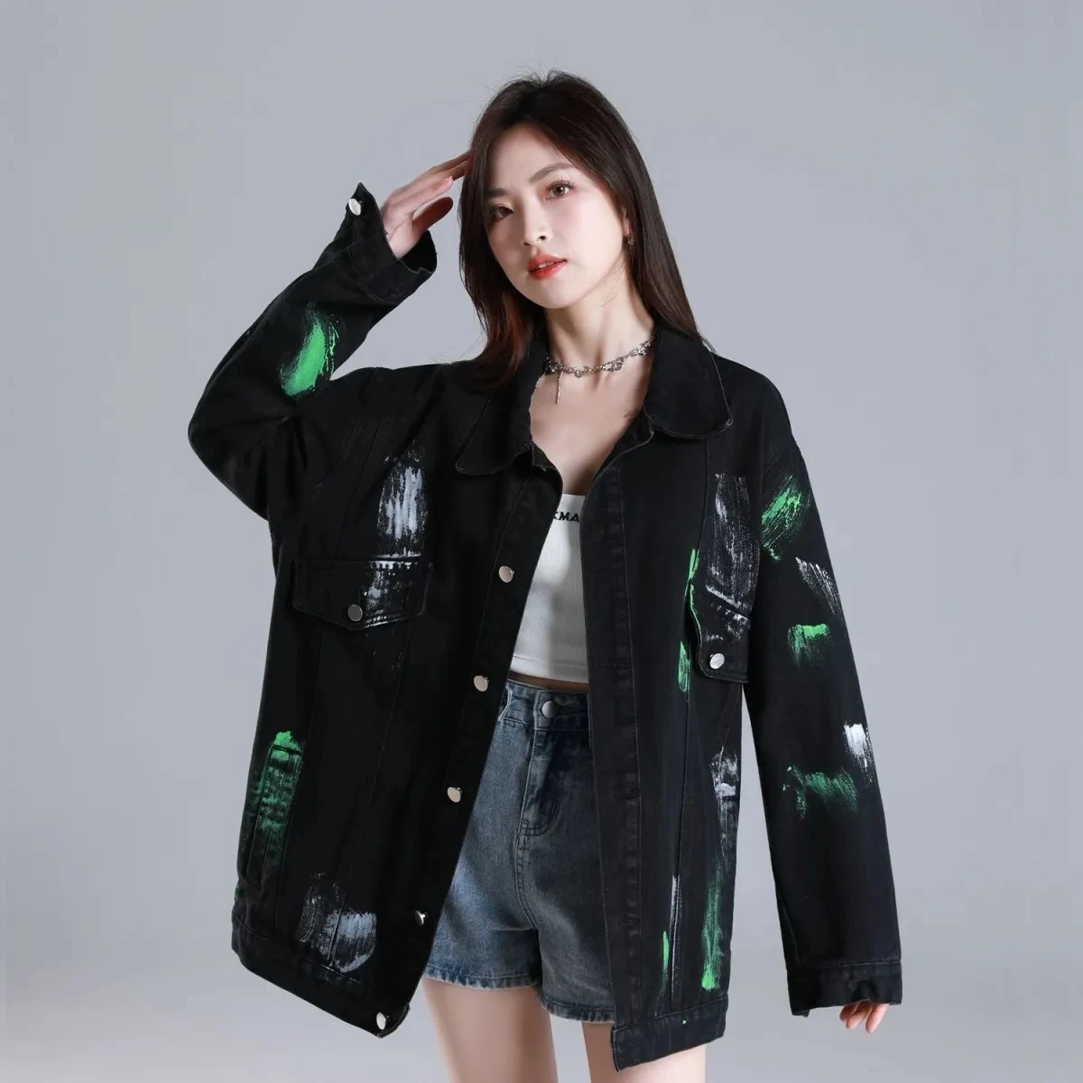 Korean Fashion Denim Jacket Woman Hip Hop Streetwear Style Women Retro Loose Printed Cowboy Coats Painting Design Girl Clothing