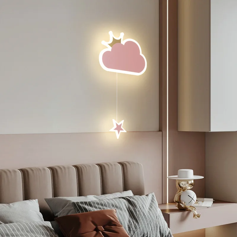 Creative Kids Bedroom Bedside Wall Lamp Pink Cloud Light with Star Blue Planet Boy Girl Children\'s Room Decorative Night Lights