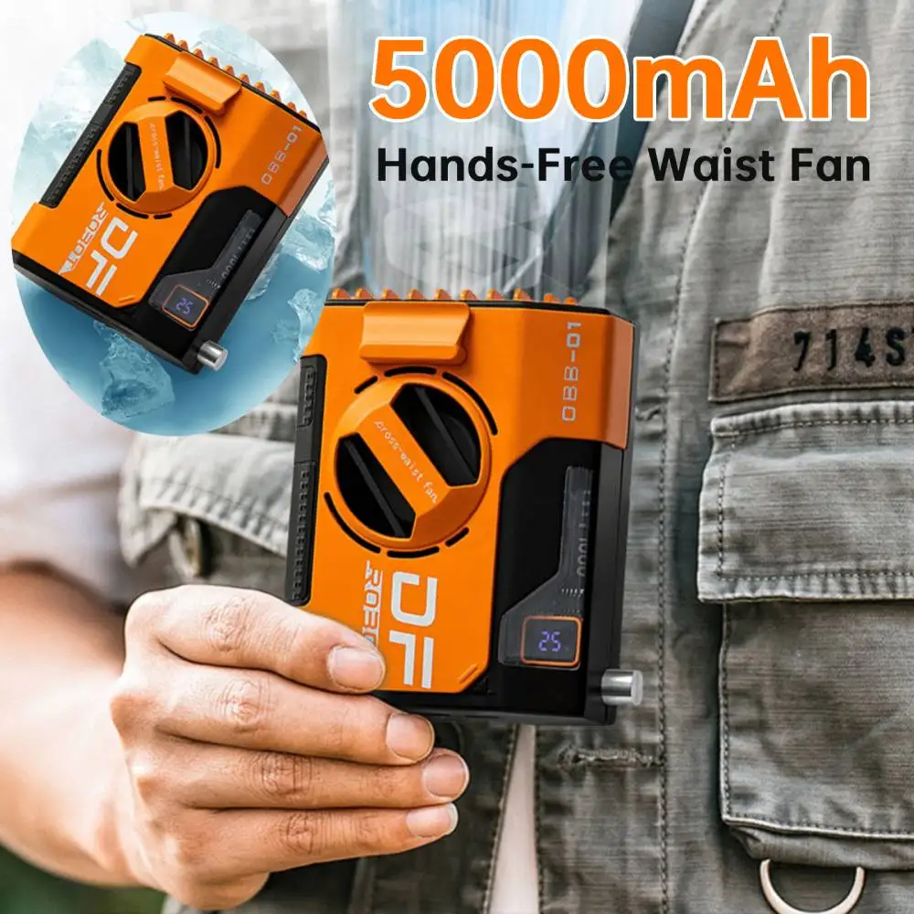 5000mAh Portable Waist Fan Rechargeable Wearable Belt Fan LED Digital Display Strong Wind Cooling Fan for Outdoor Camping Travel