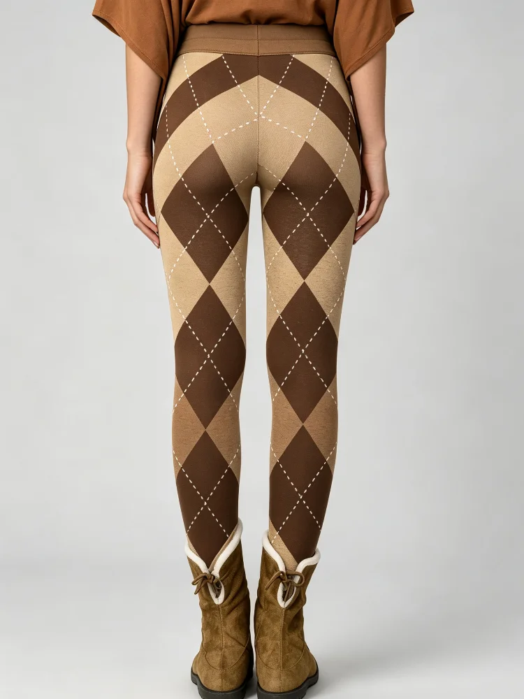 New Women's High-Waisted Milk Silk Base Pants - Retro Diamond Pattern Elastic Slim-Fit Pants, Suitable for Autumn and Winter Casual Wear, Ideal for Layering in Daily Life.