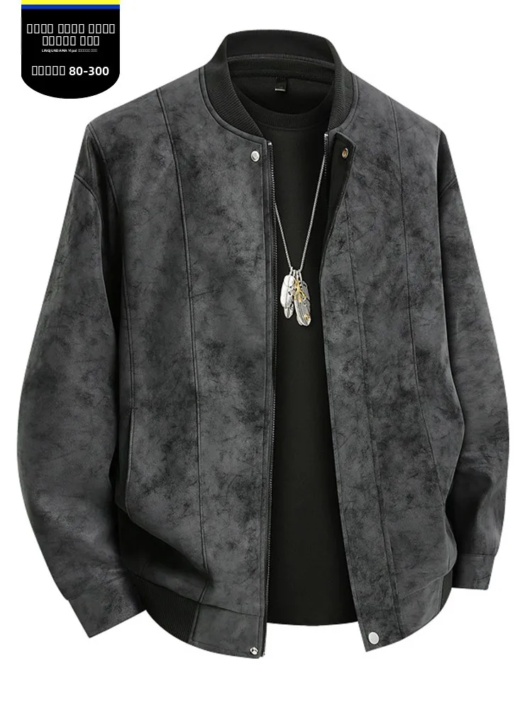 

Retro American plus Size Leather Jaet Men's Spring Autumn Loose Cool Baseball Collar Faux Fur Feel Leather Coat