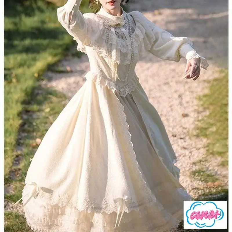 

Vintage Cream Lace Dress Suitable for Wearing in Spring and Autumn High-neck Lace Ruffle Edwardian-style Lolita Princess Dress